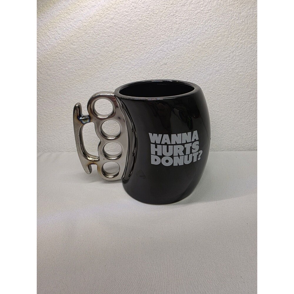 Wanna Hurts Donut Brass Knuckle 12oz. Coffee Mug Novelty Black W/Silver Nuckles
